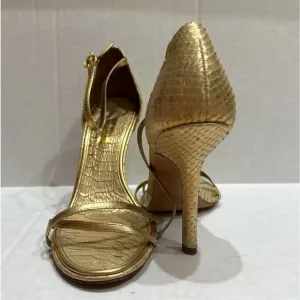 BCBGMaxAzria Gold Snakeskin Leather Heels US 8 38 Strappy Sandals Stilletos