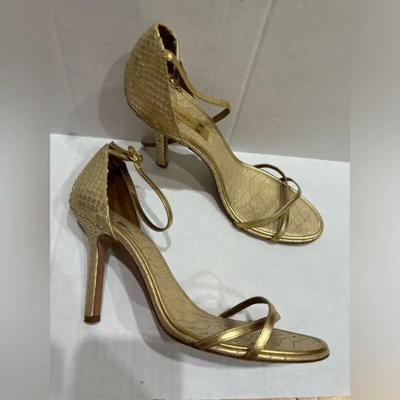 BCBGMaxAzria Gold Snakeskin Leather Heels US 8 38 Strappy Sandals Stilletos