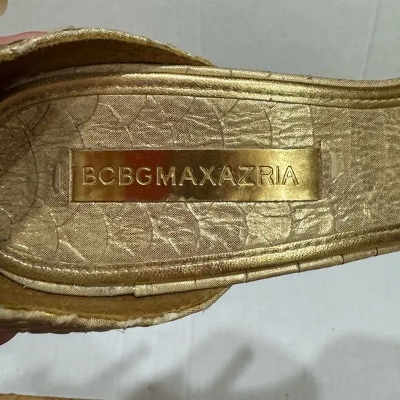 BCBGMaxAzria Gold Snakeskin Leather Heels US 8 38 Strappy Sandals Stilletos