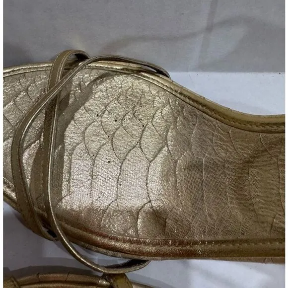 BCBGMaxAzria Gold Snakeskin Leather Heels US 8 38 Strappy Sandals Stilletos