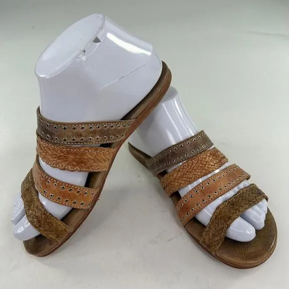 Bed Stu Henna Women's Sandals US 6.5 Brown Strappy Woven Leather Studded Slide