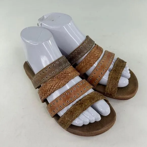 Bed Stu Henna Women's Sandals US 6.5 Brown Strappy Woven Leather Studded Slide