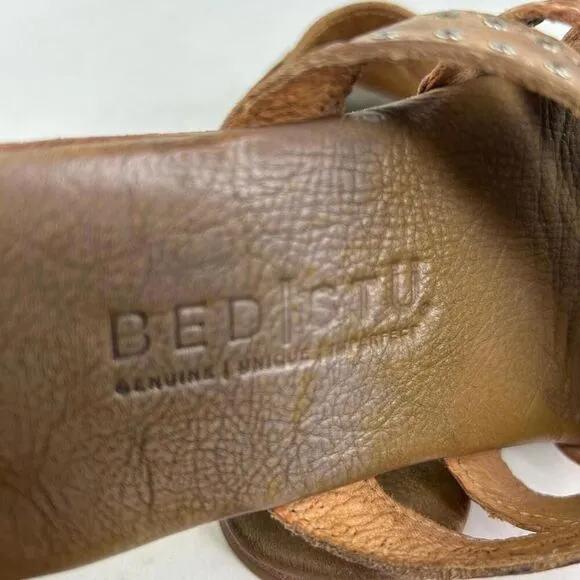 Bed Stu Henna Women's Sandals US 6.5 Brown Strappy Woven Leather Studded Slide