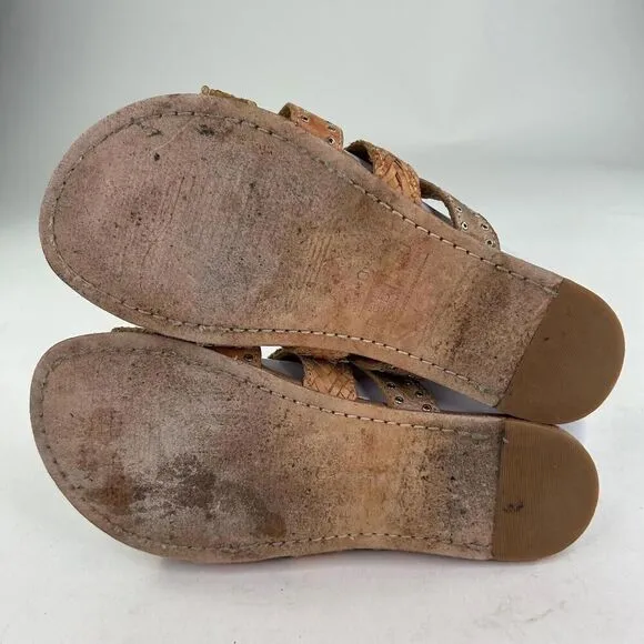 Bed Stu Henna Women's Sandals US 6.5 Brown Strappy Woven Leather Studded Slide