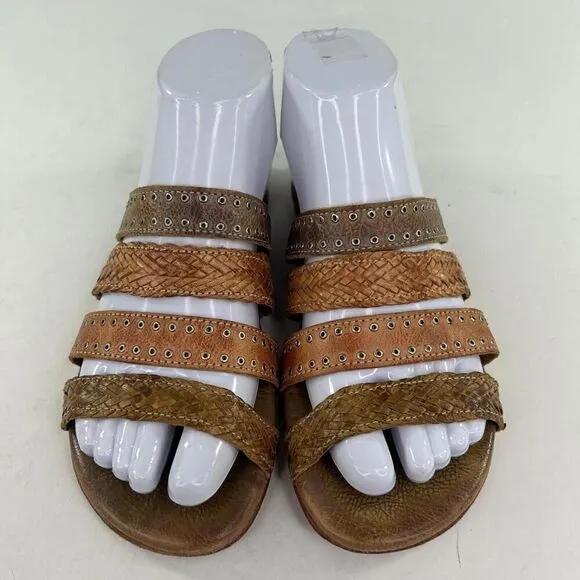 Bed Stu Henna Women's Sandals US 6.5 Brown Strappy Woven Leather Studded Slide