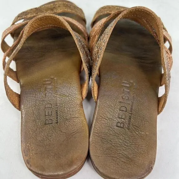 Bed Stu Henna Women's Sandals US 6.5 Brown Strappy Woven Leather Studded Slide