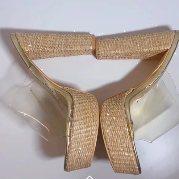 Beige Natural Clear platform block heel slip on espadrilles high heels size 11