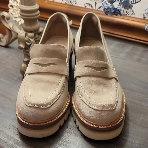 Bernardo Selma Taupe Penny Loafers with Chunky Platform Sole