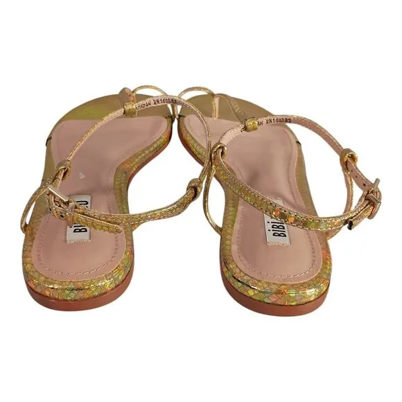 Bibi Lou Sandal Flat Toe Ring T-Strap Gold Snake Leather Women's 38/US 8