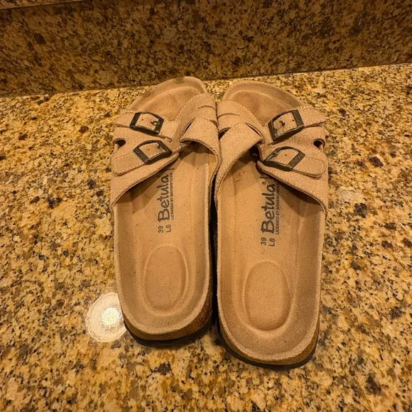 Birkenstock Betula Criss Cross Slide Sandals Tan Suede Buckle Size 39 US 8 SMOKE