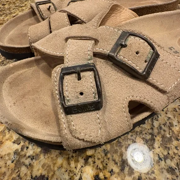 Birkenstock Betula Criss Cross Slide Sandals Tan Suede Buckle Size 39 US 8 SMOKE
