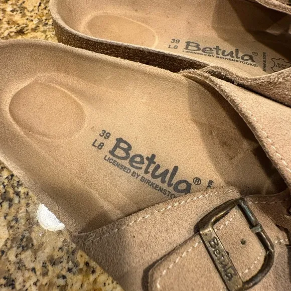 Birkenstock Betula Criss Cross Slide Sandals Tan Suede Buckle Size 39 US 8 SMOKE
