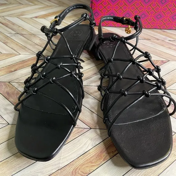 Black TORY BURCH BARELY THERE KNOTTED Flat Nappa Leather Sandals Spring Size 7
