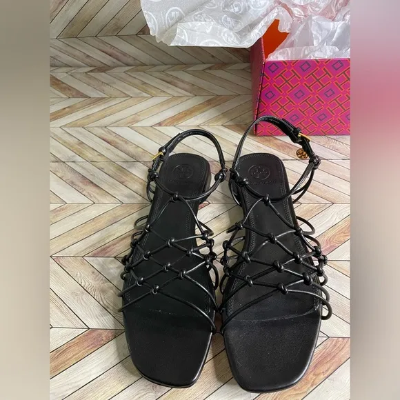 Black TORY BURCH BARELY THERE KNOTTED Flat Nappa Leather Sandals Spring Size 7