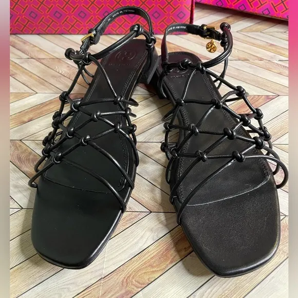 Black TORY BURCH BARELY THERE KNOTTED Flat Nappa Leather Sandals Spring Size 7