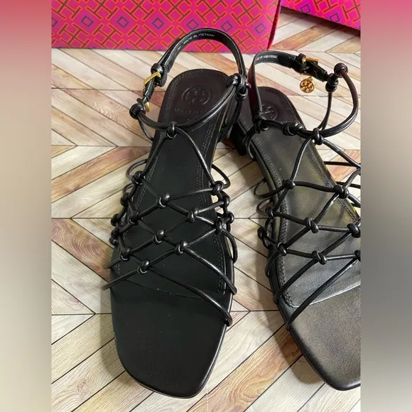 Black TORY BURCH BARELY THERE KNOTTED Flat Nappa Leather Sandals Spring Size 7