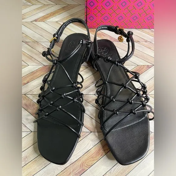 Black TORY BURCH BARELY THERE KNOTTED Flat Nappa Leather Sandals Spring Size 7
