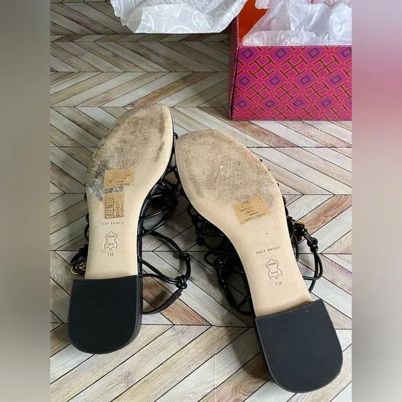Black TORY BURCH BARELY THERE KNOTTED Flat Nappa Leather Sandals Spring Size 7
