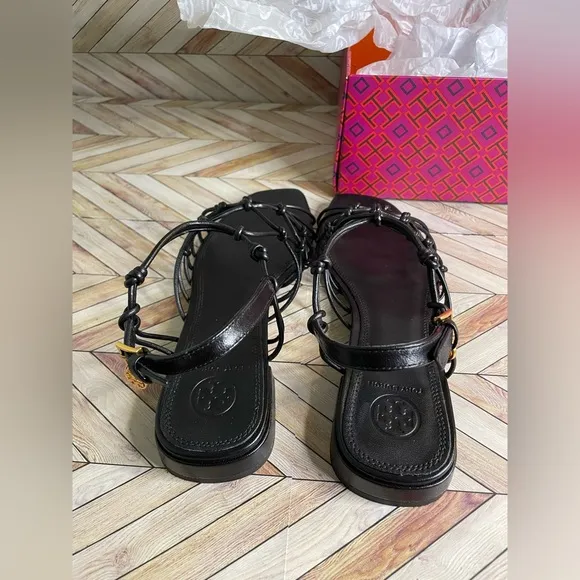 Black TORY BURCH BARELY THERE KNOTTED Flat Nappa Leather Sandals Spring Size 7