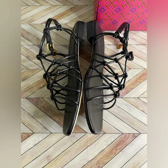 Black TORY BURCH BARELY THERE KNOTTED Flat Nappa Leather Sandals Spring Size 7