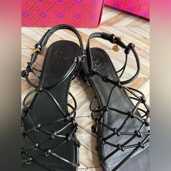 Black TORY BURCH BARELY THERE KNOTTED Flat Nappa Leather Sandals Spring Size 7