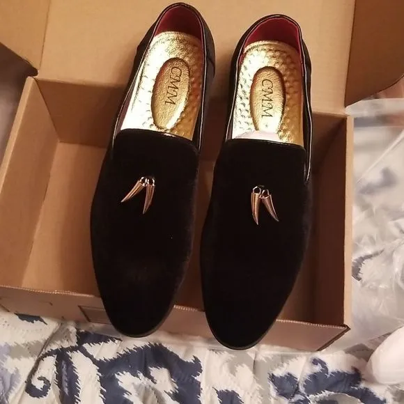 Black Velvet Gold Shark Tooth Loafers New Sz. 11M