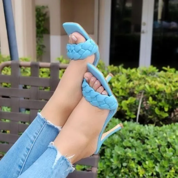 Blue Braided Square Toe Sandals Slip On