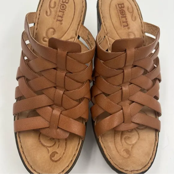 Born Women’s Tan Leather Platform Wedge Sandals 7M Crisscross F23134 Strappy