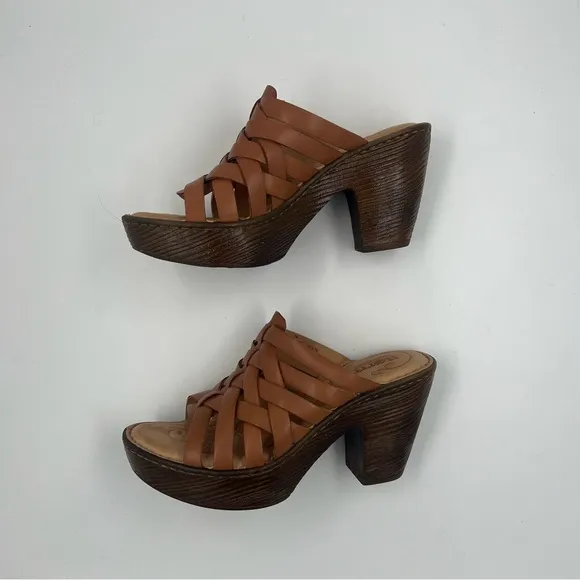 Born Women’s Tan Leather Platform Wedge Sandals 7M Crisscross F23134 Strappy