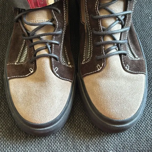 Brown and Tan High-Top Sneakers with Silver Accents