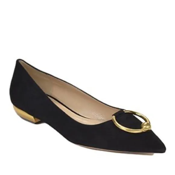 BRUNO MAGLI SUEDE FLATS WITH GOLD HEELS &amp; GOLD CIRCLE DETAIL AT TOE SZ 36.5