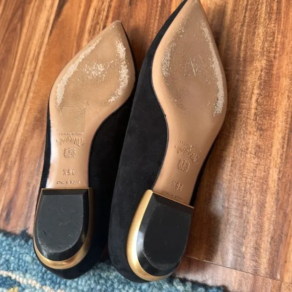 BRUNO MAGLI SUEDE FLATS WITH GOLD HEELS &amp; GOLD CIRCLE DETAIL AT TOE SZ 36.5