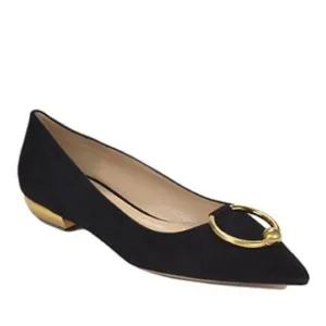 BRUNO MAGLI SUEDE FLATS WITH GOLD HEELS &amp; GOLD CIRCLE DETAIL AT TOE SZ 36.5