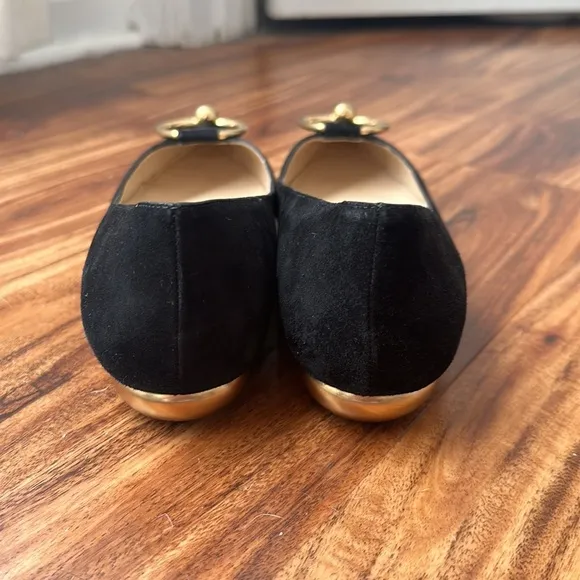 BRUNO MAGLI SUEDE FLATS WITH GOLD HEELS &amp; GOLD CIRCLE DETAIL AT TOE SZ 36.5