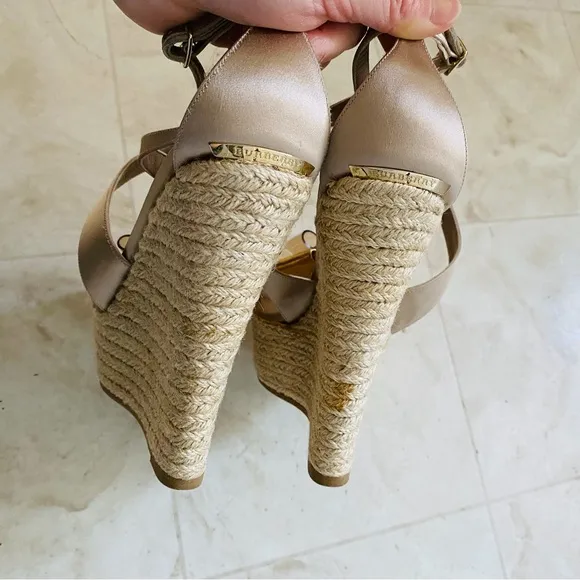 Burberry Made in Italy Satin Rosegold Leather Bow Espadrilles Sandals sz 9/39