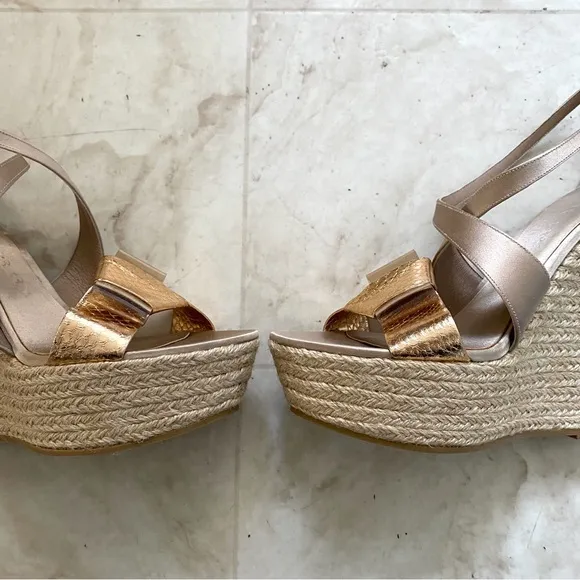 Burberry Made in Italy Satin Rosegold Leather Bow Espadrilles Sandals sz 9/39