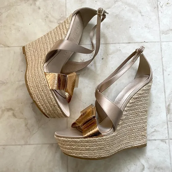 Burberry Made in Italy Satin Rosegold Leather Bow Espadrilles Sandals sz 9/39