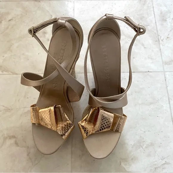 Burberry Made in Italy Satin Rosegold Leather Bow Espadrilles Sandals sz 9/39