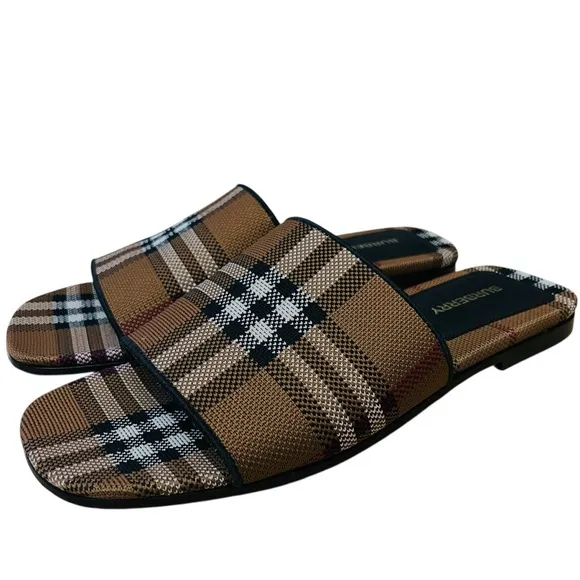 Burberry Wilma Sandals Checked Flat Slides Dark-Birch-Brown Sz 39(9) Made/Italy