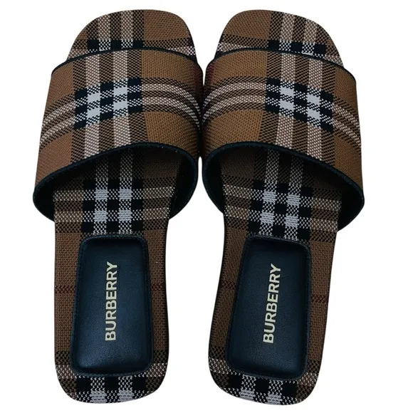 Burberry Wilma Sandals Checked Flat Slides Dark-Birch-Brown Sz 39(9) Made/Italy