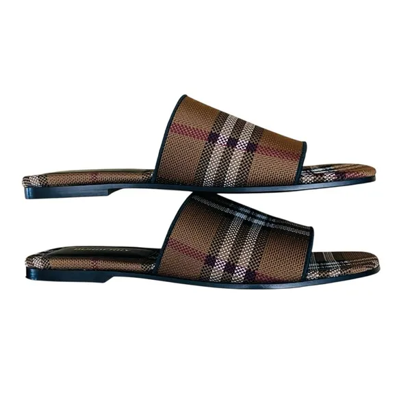 Burberry Wilma Sandals Checked Flat Slides Dark-Birch-Brown Sz 39(9) Made/Italy