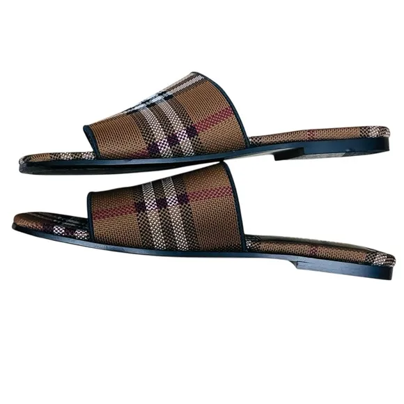 Burberry Wilma Sandals Checked Flat Slides Dark-Birch-Brown Sz 39(9) Made/Italy