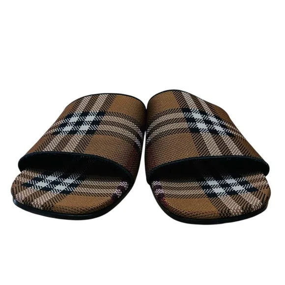 Burberry Wilma Sandals Checked Flat Slides Dark-Birch-Brown Sz 39(9) Made/Italy