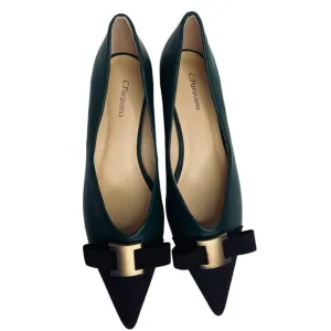 C. Paravano womens Pointed Toe Metal Tie Flats size 41 Green/ Black Leather New