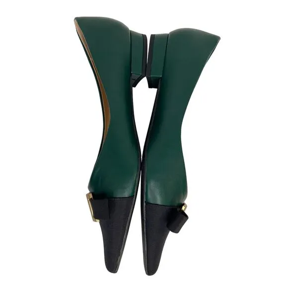 C. Paravano womens Pointed Toe Metal Tie Flats size 41 Green/ Black Leather New