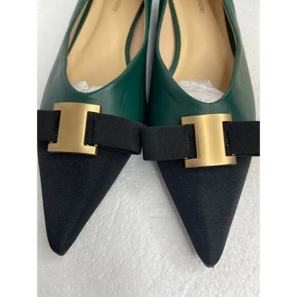 C. Paravano womens Pointed Toe Metal Tie Flats size 41 Green/ Black Leather New