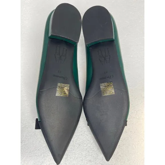 C. Paravano womens Pointed Toe Metal Tie Flats size 41 Green/ Black Leather New