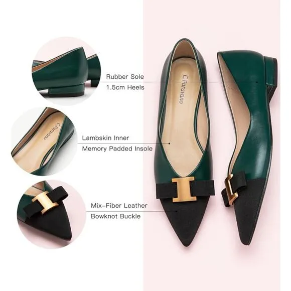 C. Paravano womens Pointed Toe Metal Tie Flats size 41 Green/ Black Leather New