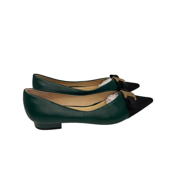 C. Paravano womens Pointed Toe Metal Tie Flats size 41 Green/ Black Leather New