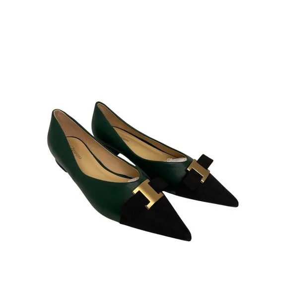 C. Paravano womens Pointed Toe Metal Tie Flats size 41 Green/ Black Leather New
